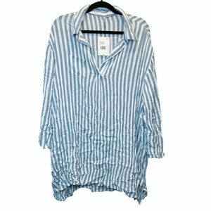 Raviya Plus Size Striped Tunic Swim Shirt Cover Up Chambray White 3X New